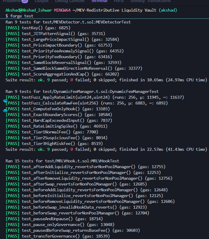 AkshadGujarkar's tweet photo. 🚀Phase 1 of my Hookathon project { MRLV } DONE.
with @vansh_web3  
MEV-Redistributive Liquidity Vault
MEV Detection 🕵️
↓
Dynamic Surcharge 📊
↓
RewardVault 💸
↓
LPScore 📜
↓
LP Rewards 😭 https://t.co/b0qM74x60e