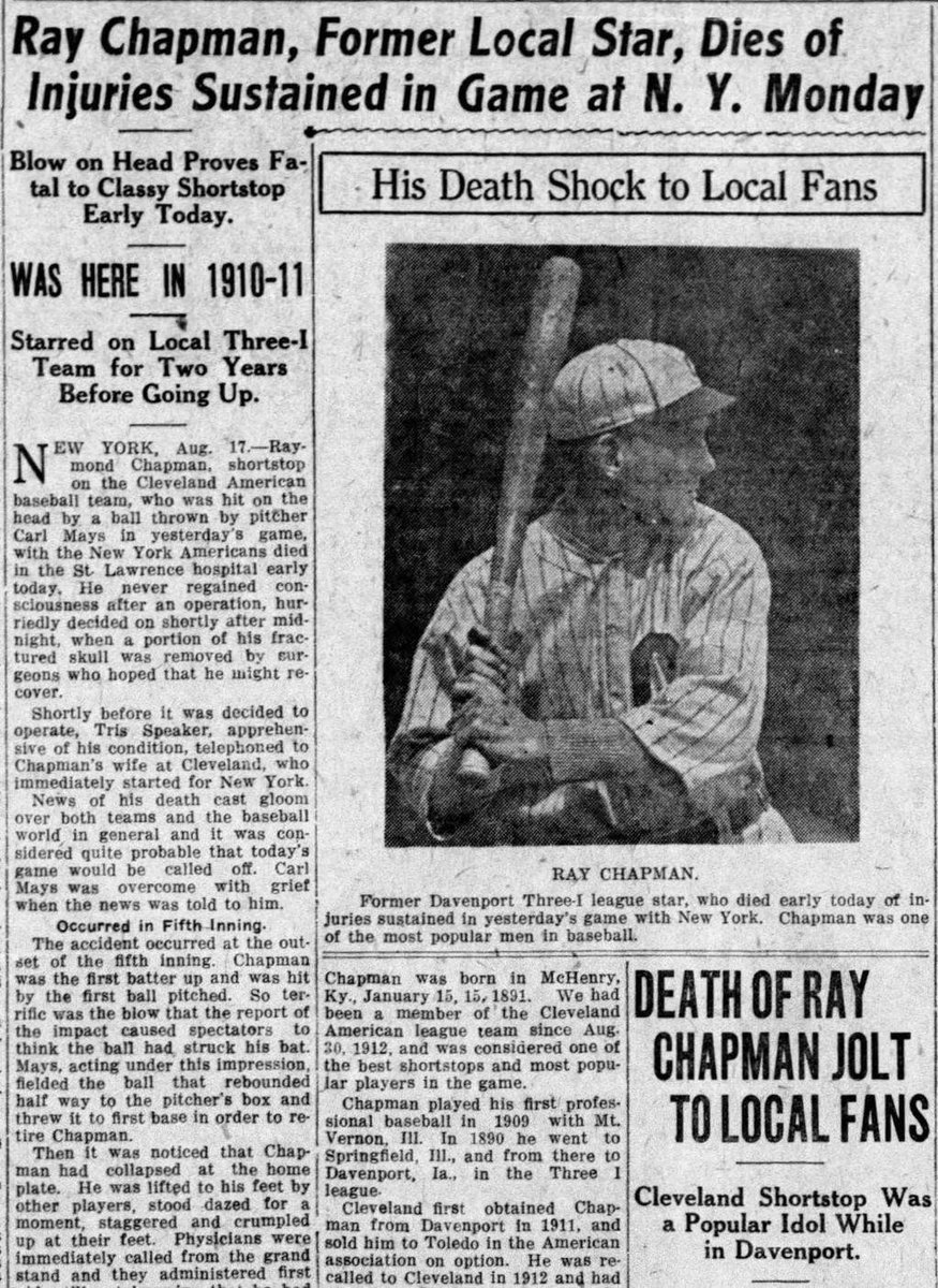wplucey's tweet photo. 106 yrs ago, August 16, 1920, Cleveland Indians' shortstop, Ray Chapman, was struck in the head by a pitch at the Polo Grounds in NYC, thrown by Yankees pitcher, Carl Mays, becoming the only major league baseball player to die from an injury sustained during a game.

He was 29. https://t.co/Xe3cpVma7f