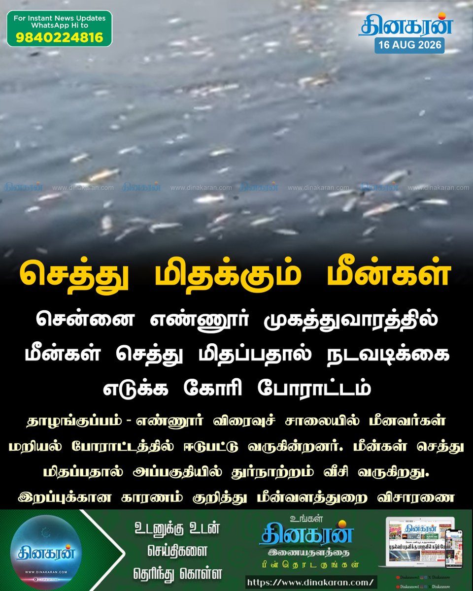 DinakaranNews's tweet photo. சென்னை எண்ணூர் முகத்துவாரத்தில் மீன்கள் செத்து மிதப்பதால் நடவடிக்கை எடுக்க கோரி போராட்டம்
#Ennore #Protest #deadfish #DinakaranNews https://t.co/kbTCRm13Be