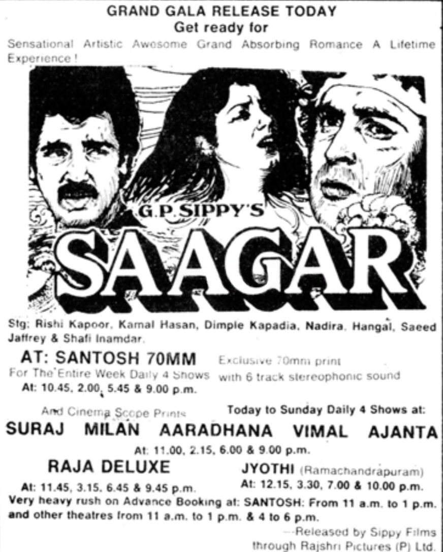 MoviesUpdatez's tweet photo. #41YearsOfSaagar
Hyderabad, Santosh70 56 Days Run.
Replaced with #MeriJung
@ikamalhaasan #RishiKapoor #DimpleKapadia @Javedakhtarjadu
A Film by @rgsippy #Saagar https://t.co/sZhiXzGcYq