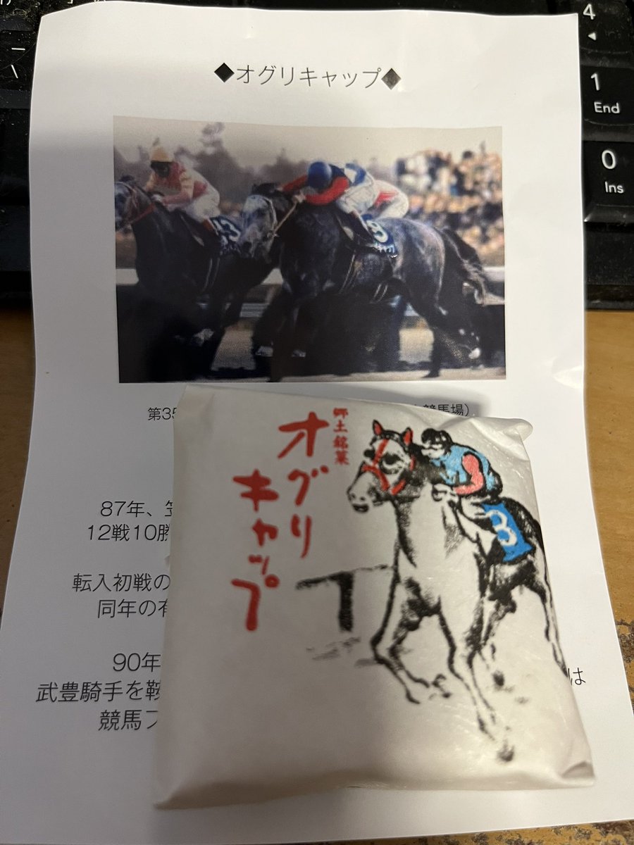 ikusotsu's tweet photo. 差し入れに頂いた笠松競馬場銘菓オグリキャップ最中。ありがたくいただきます。 https://t.co/gxSTt1SuOm