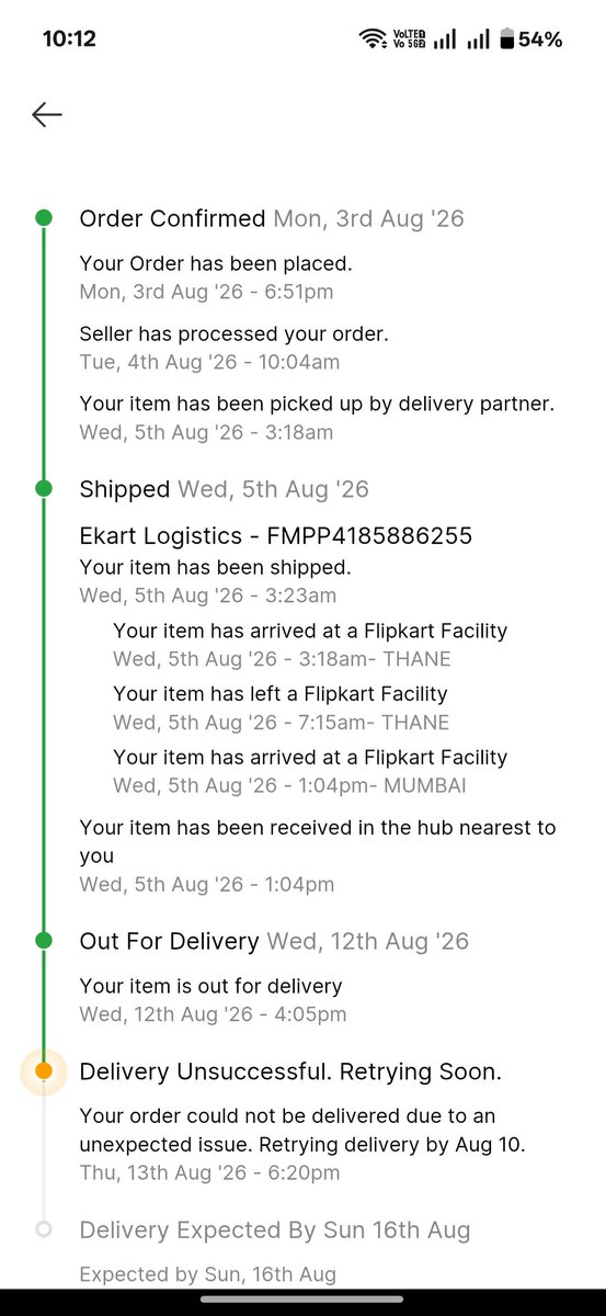 Ranjitsethi90's tweet photo. 13 days and counting for a 200ml face wash. Ordered Aug 3, shipped Aug 5, delivery failed Aug 12 with zero explanation. Retry pushed from Aug 10 to Aug 16. Is this @Flipkart's idea of 'on track'? @flipkartsupport explain the 7-day slip. #FlipkartFail #ConsumerRights https://t.co/Oo4a19b7v4