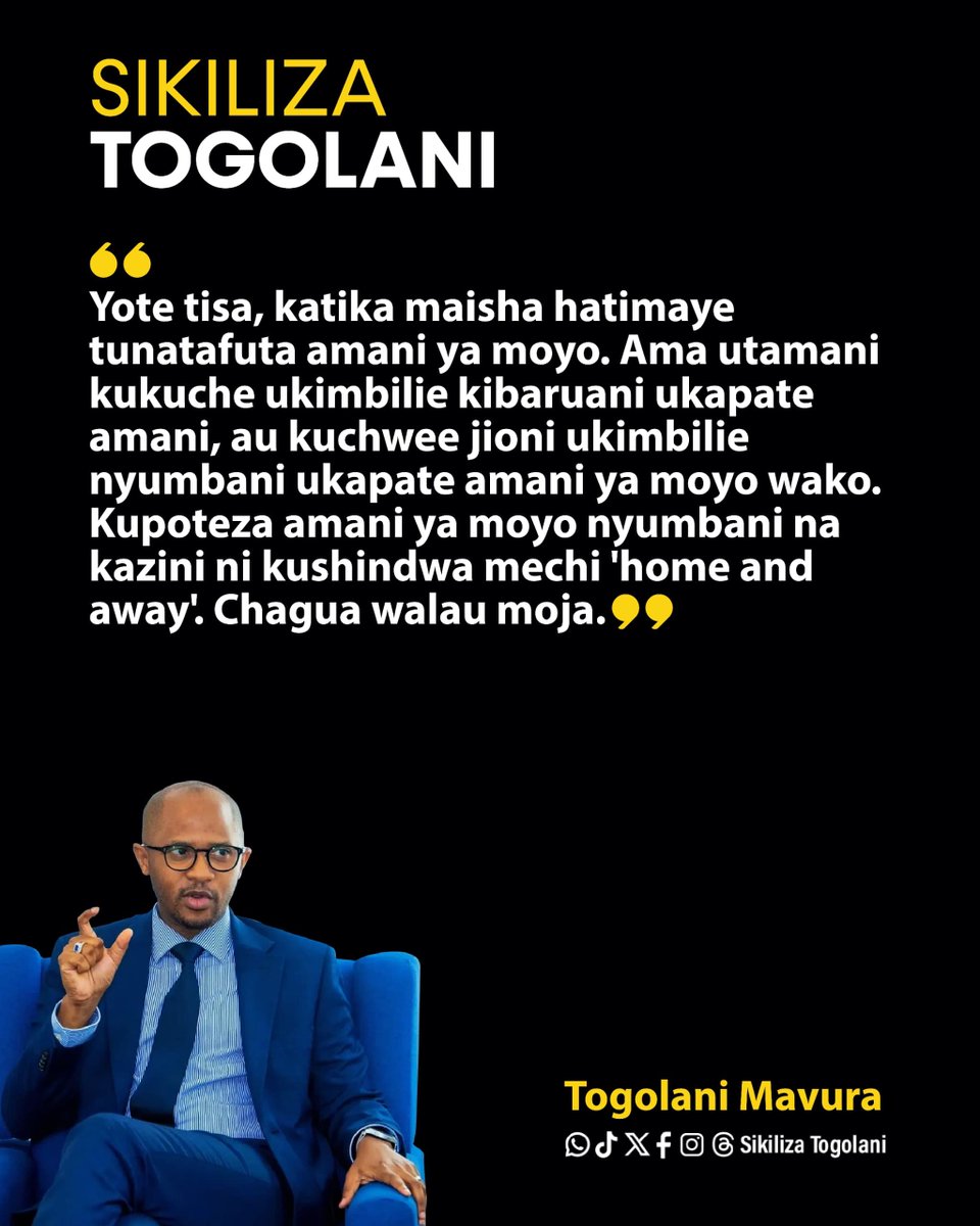 SikilizaTogolan's tweet photo. "Yote tisa, katika maisha hatimaye tunatafuta amani ya moyo. Ama utamani kukuche ukimbilie kibaruani ukapate amani, au kuchwee jioni ukimbilie nyumbani ukapate amani ya moyo wako. Kupoteza amani ya moyo nyumbani na kazini ni kushindwa mechi 'home and away'. Chagua walau moja." https://t.co/V5Eww3o0FJ