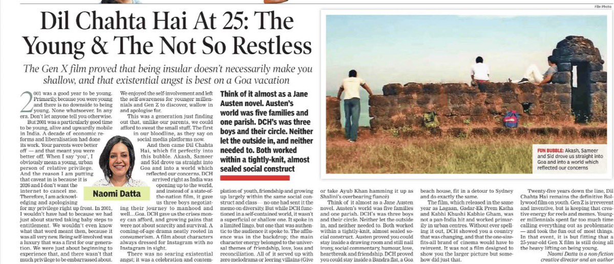 nowme_datta's tweet photo. After quite a bit, I finally wrote more than tweets &amp; TV scripts. Here is my piece on #25yearsofDilChahtaHai. I write about a generation taking its first baby steps into privilege &amp; therefore not having to apologise for it. https://t.co/2f92kaONyT https://t.co/yYOge5WoKX