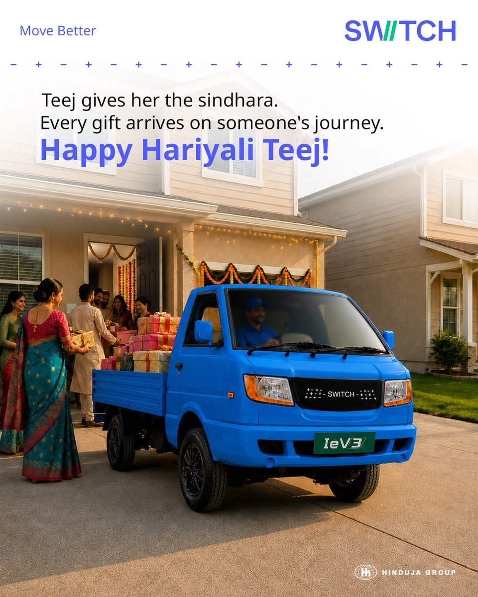 switchmobilitye's tweet photo. The sky turns green with monsoon. The courtyards fill with love.

Hariyali Teej is both at once: the festival of new leaves, and the festival of gifts that travel from home to home.

Your routes speak the same colour: no smoke, no fumes, just the quiet hum of cleaner air. And on every green route, somewhere today, a sindhara is riding along.

To the operators of India's heartland, this Teej, your business is as green as the celebration, and as full as the gifts you carry.

Happy Hariyali Teej. Move Better.

#Hariyaliteej #SwitchMobility #ElectricMobility #SustainableMobility #MoveBetter