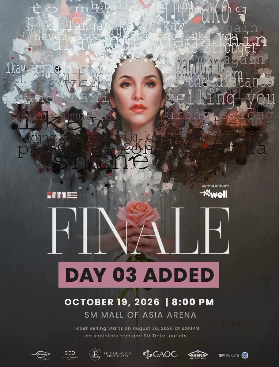 CertKap's tweet photo. It's official!!! Day 3 of #RVAFinaleConcert has been announced. Day 3 will happen on October 19, 2026 at the SM Mall of Asia Arena. Ticket selling will begin on August 30, 2026 at SM Tickets online & SM Tickets physical outlets nationwide. Platinum 1 ticket holders will have access to a meet & greet session with the Songbird @reginevalcasid !

- Admin 163