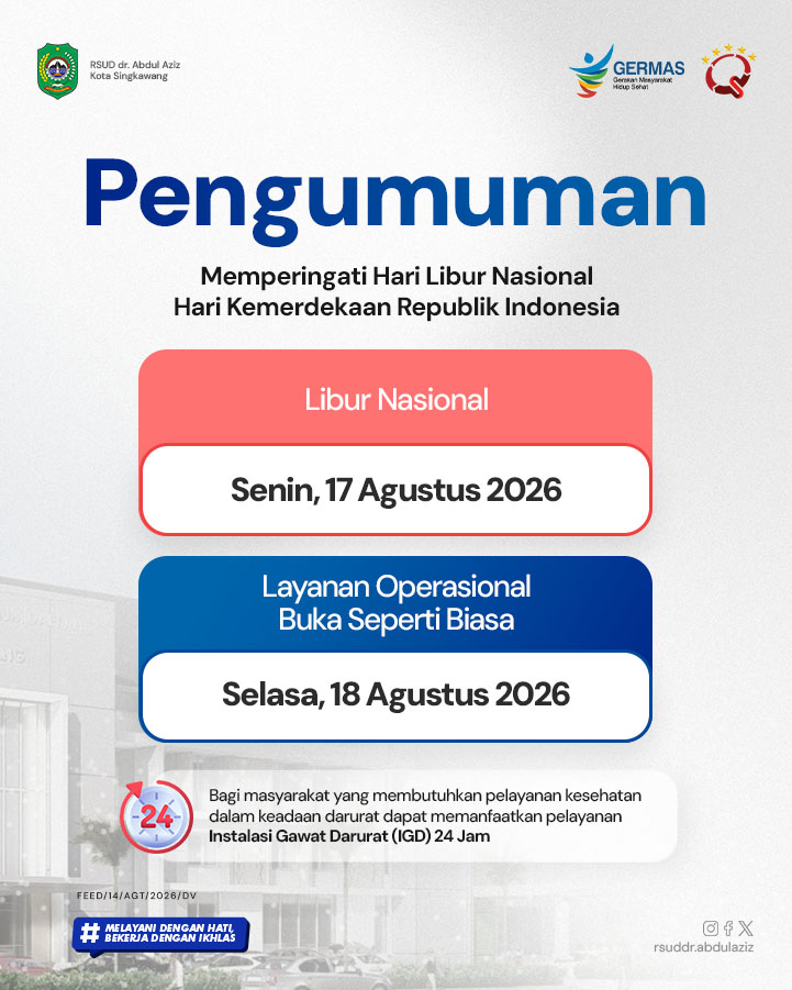 RSUDaaskw's tweet photo. Pengumuman Libur Pelayanan Poliklinik Rawat Jalan RSUD dr. Abdul Aziz Singkawang ✨ https://t.co/px3unxtQuf