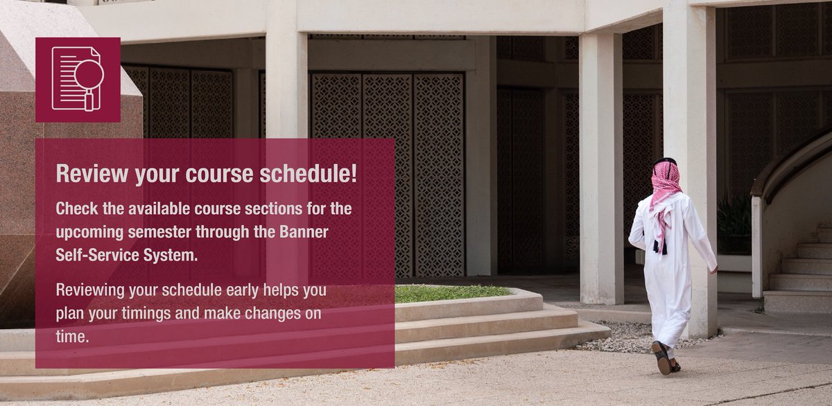 QUStudAffairs's tweet photo. 📚 Today’s early registration tip:
Reviewing your schedule early helps you plan your timings and make changes on time.

#QatarUniversity #StudentAffairs #EarlyRegistrationTips https://t.co/NthL3zJoPG