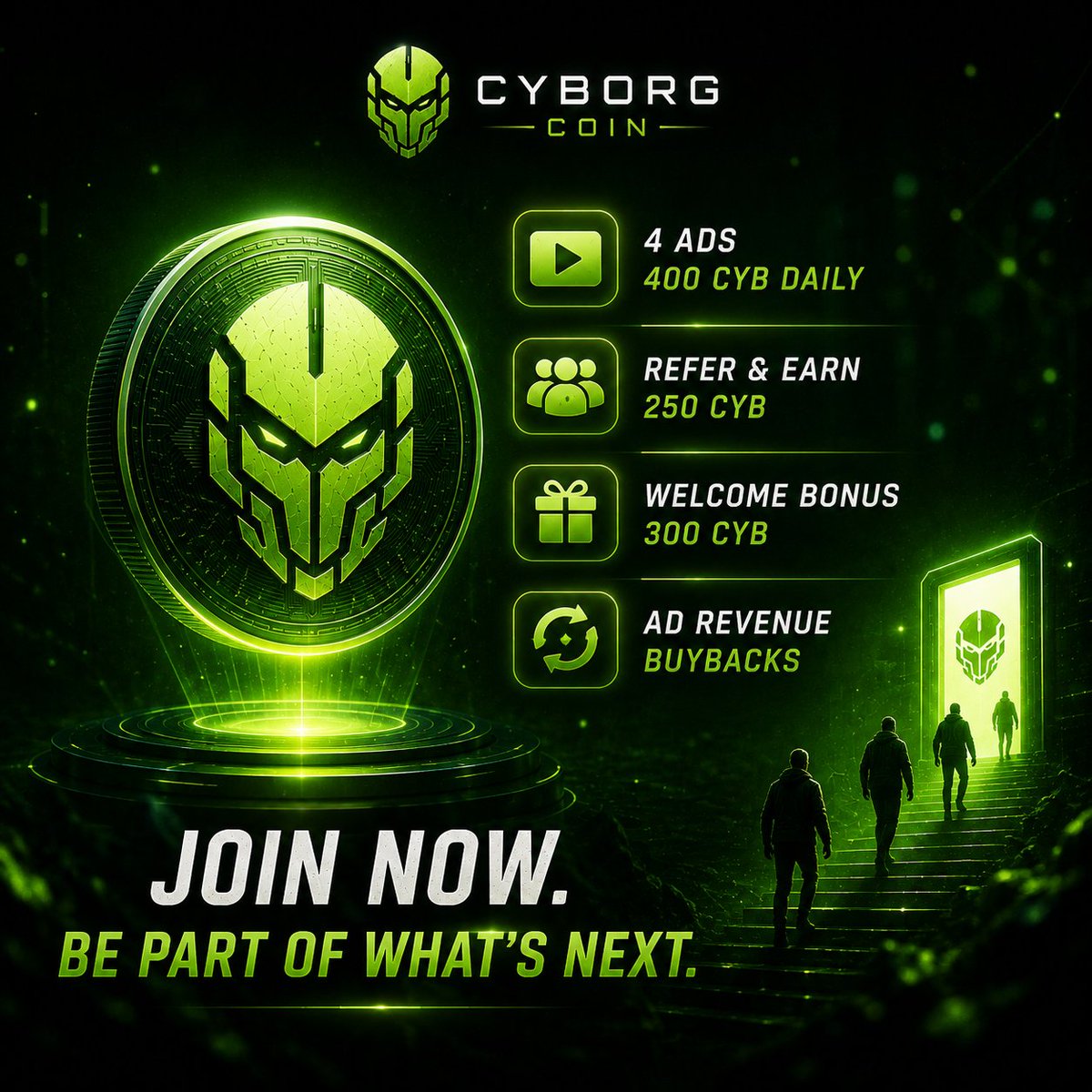 CyborgcoinCYB's tweet photo. 🚨 STOP SCROLLING.

#cyborgcoin just entered a different phase.

🔥 400 CYB extra daily from 4 ads
🎁 250 CYB referral rewards
🚀 300 CYB welcome bonus
💰 Ad revenue planned for CYB buybacks

App: https://t.co/iasFae7Vi0

The window to join before the crowd notices won't stay open forever. 

#crypto #web3 #binance #trending #bitcoin