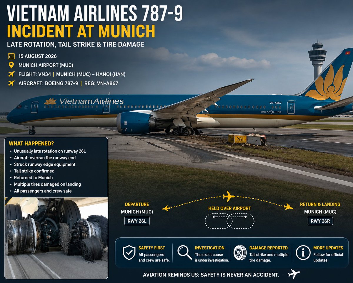 BLackgold_5's tweet photo. Vietnam Airlines Boeing 787-9 VN-A867 had a terrifying takeoff from Munich. 
Flight VN34 rotated unusually late on runway 26L and reportedly went beyond the runway end before becoming airborne. The aircraft suffered a tail strike and later returned to Munich, where multiple tires were damaged during the landing. Thankfully, everyone on board was reported safe

The big question now  what caused the extremely late rotation? 

The investigation will have to provide the answer What do you think investigators will focus on first?