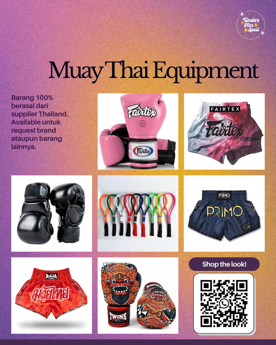 underherspelll's tweet photo. Mau gear Muay Thai asli Thailand tanpa ribet? Biar Under Her Spell yang urus!🇹🇭

100% authentic (Fairtex, Twins, Primo) &amp; terbuka untuk request item lain. 

Scan QR code di gambar 2 untuk booking slot jastipmu!🥊

#zonauang #bealanja #jastip #muaythai https://t.co/XzLaFUAkPN