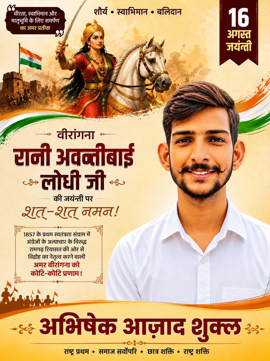 i_abhi8's tweet photo. वीरता, स्वाभिमान और राष्ट्रभक्ति की अमर प्रतीक वीरांगना रानी अवंतीबाई लोधी जी की जयंती पर कोटि-कोटि नमन। 🇮🇳🙏
उनका साहस और बलिदान सदैव हम सभी देशवासियों को प्रेरणा देता रहेगा। #रानीअवंतीबाईलोधी #जयंती https://t.co/oHvNDLWAXH