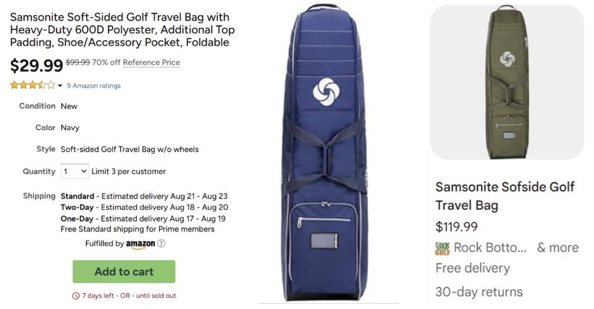 Pricerrors's tweet photo. $100 SAMSONITE GOLF TRAVEL BAG NOW $29

Woot cut this heavy-duty golf bag down 70% in price

https://t.co/hzo9eZPZKm

Same bag in a different color sells for $120 online

Free shipping included for Prime users #ad https://t.co/kEkP9wAwGC