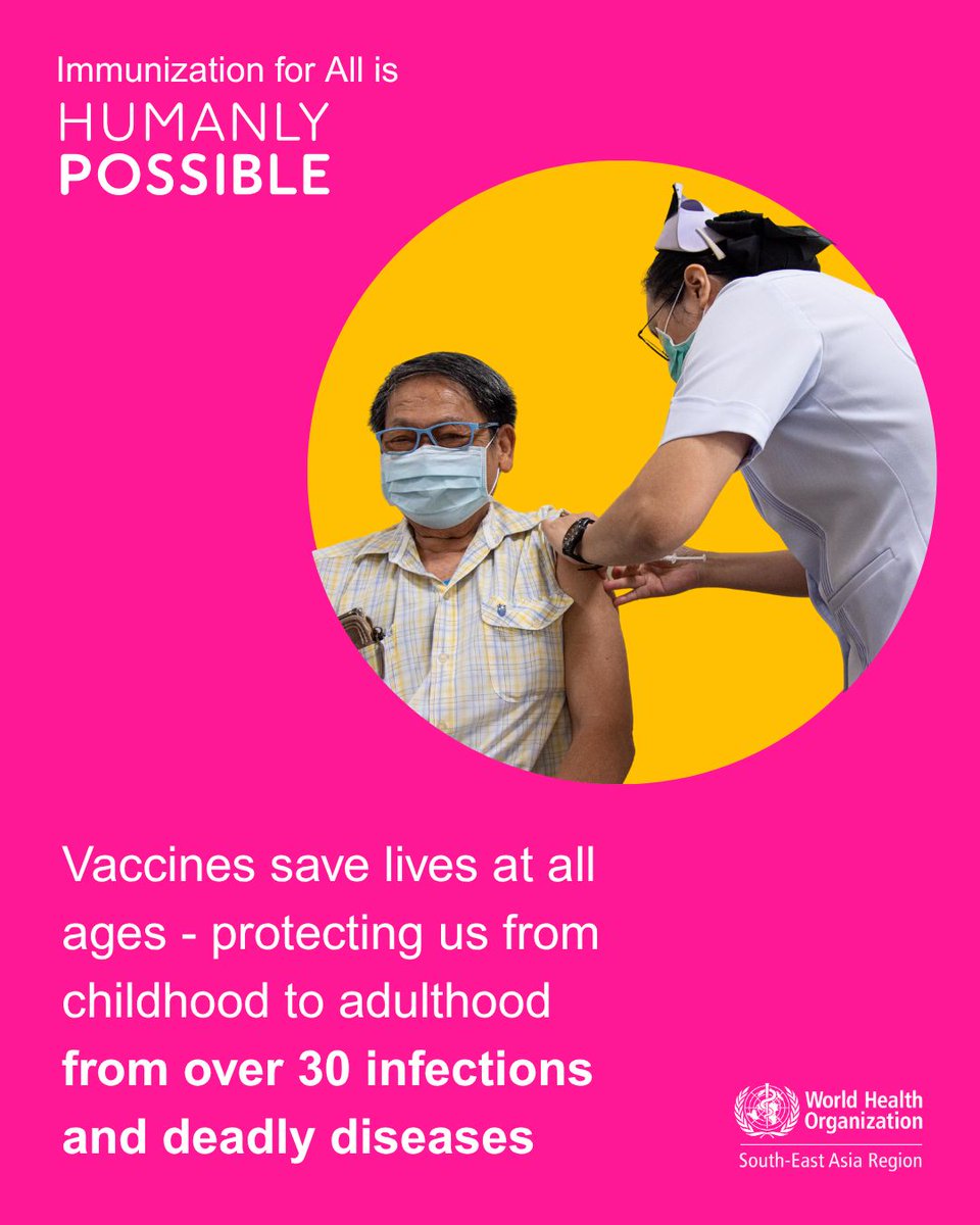 WHOSEARO's tweet photo. Vaccines protect people at every stage of life. 💉

From childhood to adulthood, immunization helps prevent more than 30 serious and potentially deadly diseases.

Let’s make sure everyone, everywhere can benefit from the protection vaccines provide.

#VaccinesWork #ImmunizationForAll