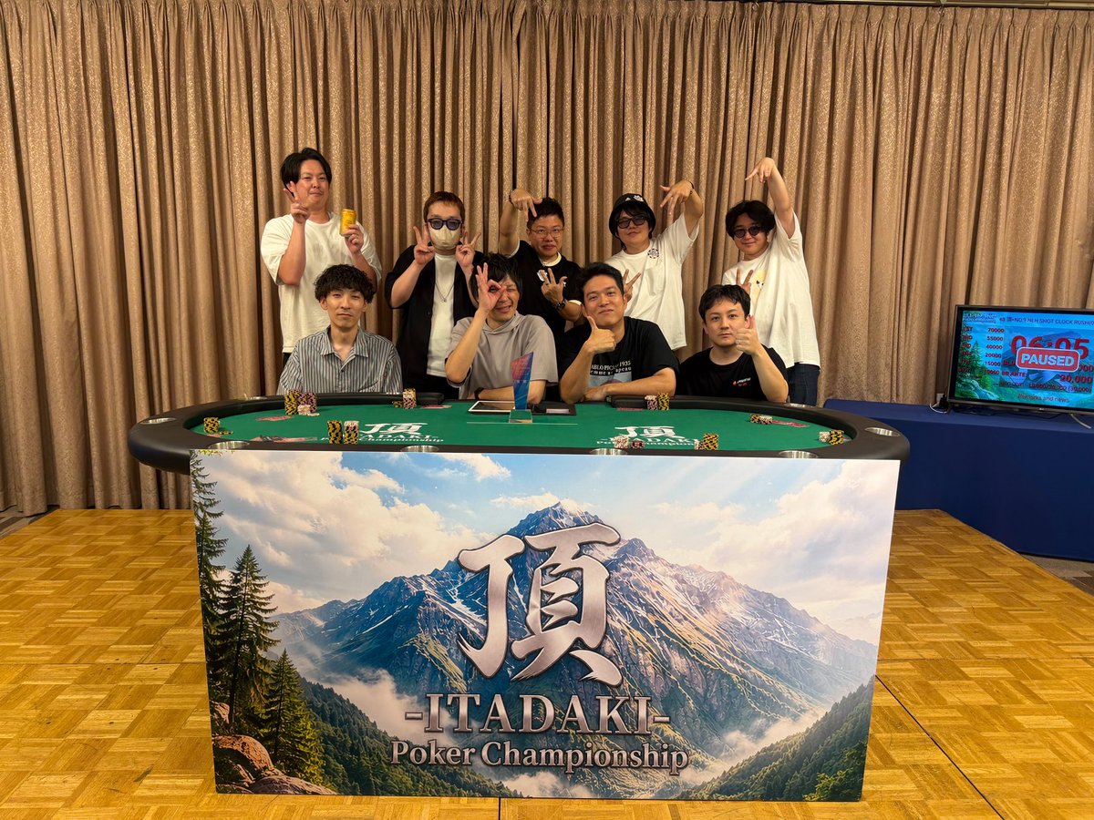 9_casino's tweet photo. 〜頂〜  poker Championship
 #8 SHOT CLOCK RUSH
FTのみなさん及び優勝写真です！
 
優勝🏆Beal様 ✨
第2位 ボスベイビー様
3位 イシカワ様
4位ToTo@阿佐ヶ谷QUEENSEA様
5位マツポン様
6位軍曹様
入賞者の皆様です✨おめでとうございます🎉
64エントリーという沢山のご参加ありがとうございました！ https://t.co/pIEt3HL0Oi