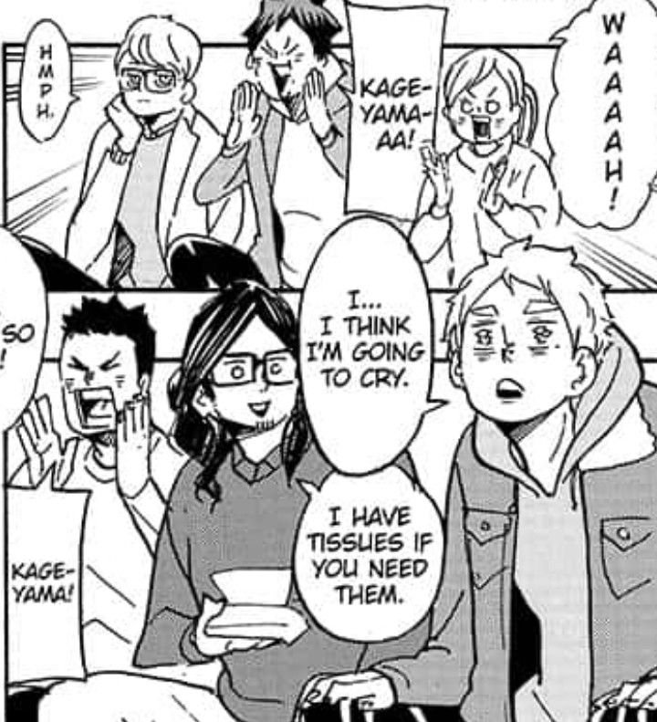 oceantoorus's tweet photo. daichi screaming and cheering for them meanwhile suga is having a moment tearing up 😭 asahi offering the tissues oh i love my 3rd years https://t.co/KMIgMoYpIk