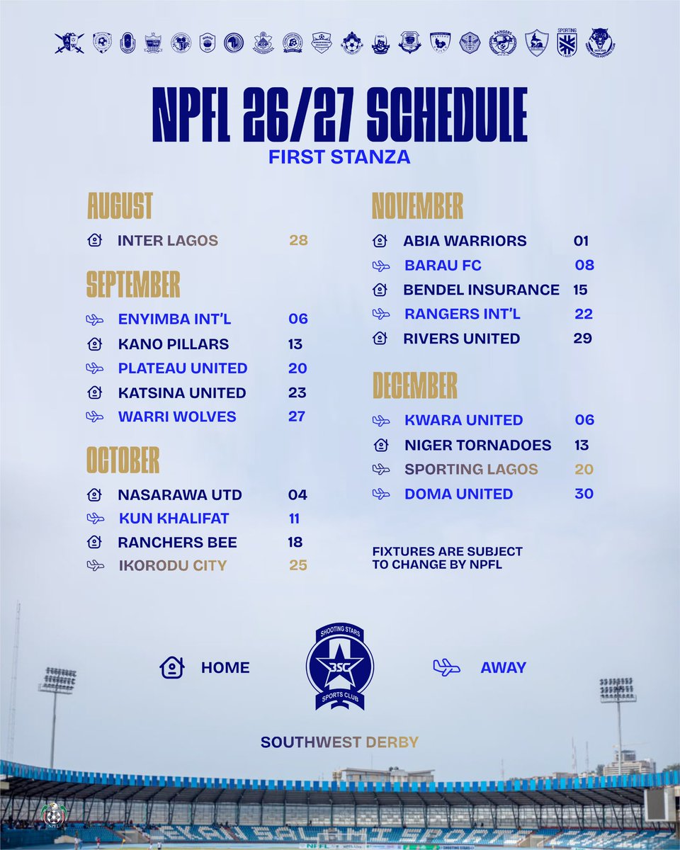 ShootingSc's tweet photo. 2026/27 NPFL FIXTURES 🔵⚪ https://t.co/3FXRyZejhO