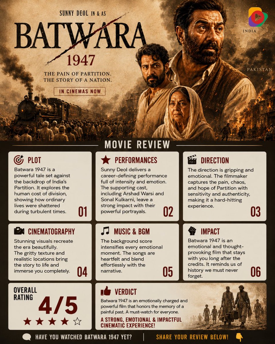 EIndia99460's tweet photo. 🎬 #Batwara1947 - 4/5 ⭐

A powerful and deeply emotional Partition drama. 🇮🇳 Sunny Deol delivers an intense performance, while the gripping direction, period visuals

Verdict: A must-watch for those who appreciate impactful historical cinema.

#SunnyDeol #EntertainIndia https://t.co/l8YiR7t06q