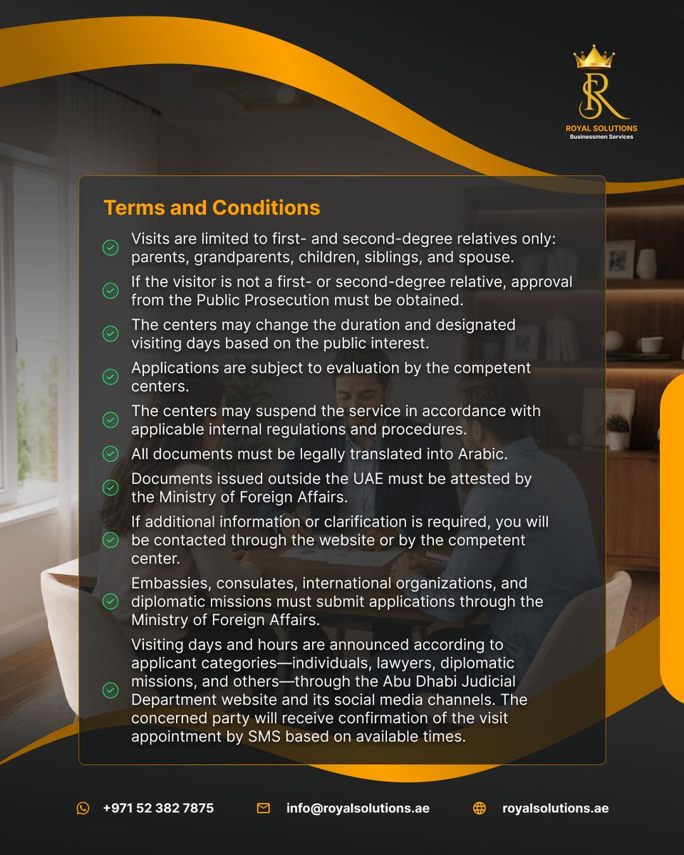 Royal_Solutions's tweet photo. Need a remote visit with an inmate or juvenile in Abu Dhabi?

Eligible applicants can use ADJD’s Remote Visit Service through TAMM.

Royal Solutions can help with the procedure.

📞 +971 52 382 7875
🌐 https://t.co/nsY2usvHw6

#RoyalSolutions #ADJD https://t.co/4PrbifLkr0