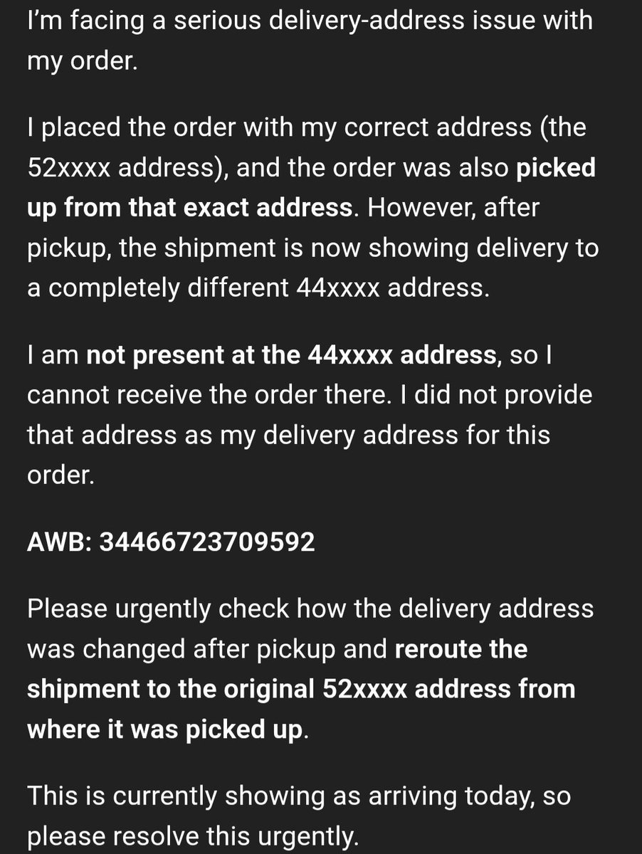 SINGH_A01's tweet photo. @Lenskart_com @delhivery My order was picked up from my correct 52xxxx address, but is now showing delivery to a different 44xxxx address where I’m not present. Please urgently reroute it to the original 52xxxx address.

AWB: 34466723709592 https://t.co/NwE7jaCZu4
