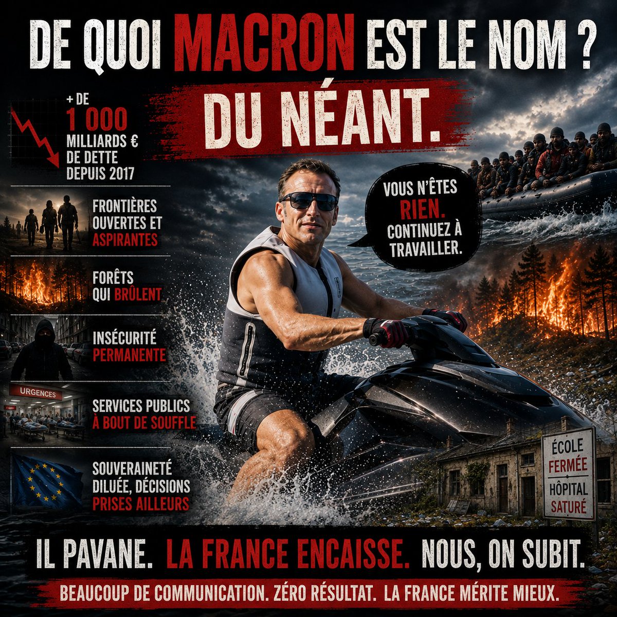 LesPatriotes_77's tweet photo. De quoi Macron est-il le nom ?

de 1 000 Md€ de dette depuis 2017. Frontières non maîtrisées. Services publics en crise. Insécurité. Souveraineté abandonnée.

Et toujours la communication.

Le pays encaisse. Lui se met en scène.

#Macron #France #Frexit https://t.co/U9gE3IzLM5