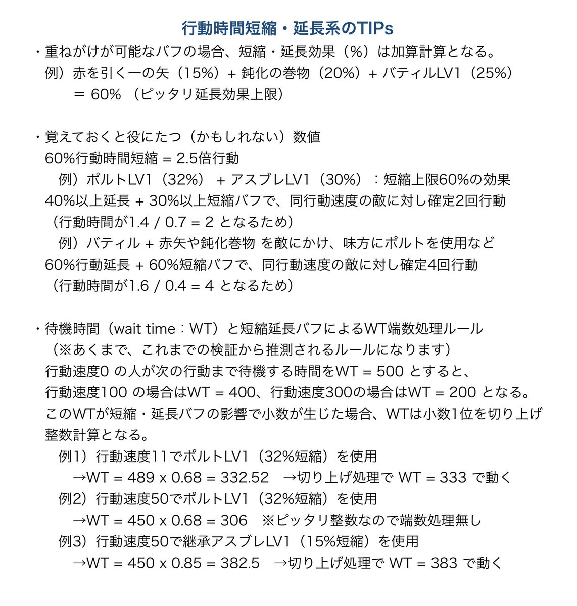 NOBU1358943's tweet photo. 行動時間短縮・延長バフ効果表の更新
・継承アスブレLv3、ポルトLv3、継承赤矢を追加
・TIPsの文章は以前のまま

継承アスブレLv2→3は残念ながら+7%ではなく+5%でした。
ポルトLv3は可能性の観測による推測値通りの結果。
継承赤矢は以前検証した通り本家と同値。
#ウィズダフネ https://t.co/5fa4tJgnUB