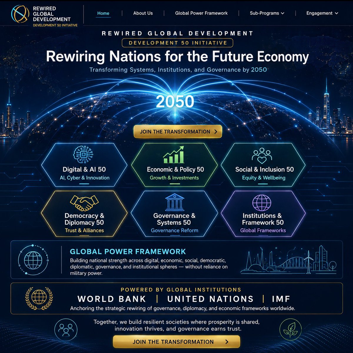 AnubhavSachar's tweet photo. : ✨ “ #RewiredGlobalDevelopment: Shaping Nations for the Future Economy”

✨@_Development_50 is a non‑military global transformation framework designed to help nations:

🌐 Modernize systems for efficiency and sustainability
🏛 Strengthen institutions for resilience and trust
👥 Expand human opportunity through inclusion, education, and healthcare
💡 Build influence in the future economy without reliance on military power

By 2050, halfway through the century, nations will rise as #GlobalGeoPoliticalPowers — strong in digital, economic, social, democratic, diplomatic, governance, and institutional spheres.

Six #Development50 SubPrograms :-

💻 Digital & AI 50 → Sovereign AI, cloud ecosystems, digital identity, cybersecurity, innovation adoption

💰 Economic & Policy 50 → Hybrid economies, fiscal reforms, equitable growth strategies

🏥 Social & Inclusion 50 → Education, healthcare, poverty reduction, women empowerment, digital inclusion

🗳🌐 Democracy & Diplomacy 50 → Democratic resilience + diplomatic alliances

🏛🔄 Governance & Systems 50 → Rewiring outdated governance frameworks for adaptability

⚙️📜 Institutions & Framework 50 → Reforming national institutions & global bodies ( #UN, #WorldBank, #IMF)

Partners: Powered by global institutions — @WorldBankGroup , @UN , @The_IMF.

Together, we build resilient societies where prosperity is shared, innovation thrives, and governance earns trust.

👉 Join the Transformation.

#RewiredGlobalDevelopment #Development50 #FutureEconomy #GlobalPowerFramework #InclusiveGrowth #2050Vision
