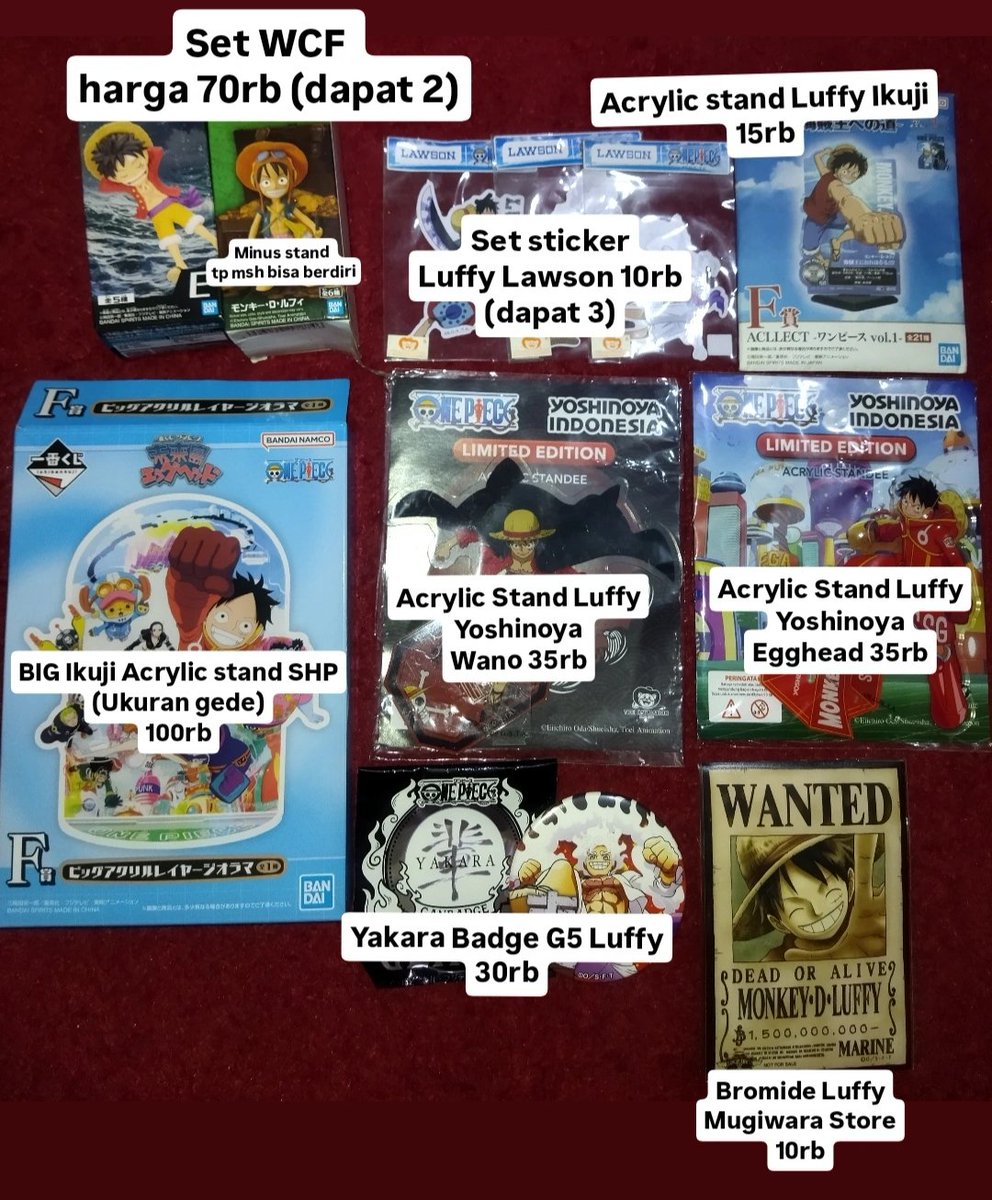 gomumero's tweet photo. (RT are appreciated)

WTS aab Luffy. Semua barang official &amp; original

Harga tertera. Hanya terima via direct/COD (yang kurang yakin bisa cek testi di bawah). Pengiriman dari Semarang

Silakan DM buat tanya-tanya atau apa pun 😊

#warunganime https://t.co/d9gpJU8Rzg