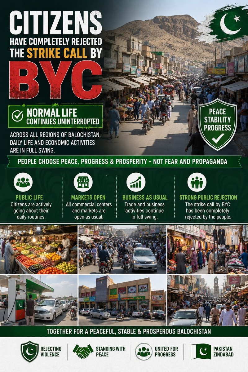 Kareema_Zehri's tweet photo. Normal life continues across Balochistan, with markets open and trade and business activities in full swing. Citizens continue their daily routines, choosing peace, stability, and progress.
#Balochistan
#PeaceAndStability
#NormalLife

#PakistanZindabad https://t.co/WjoKgyxL7P