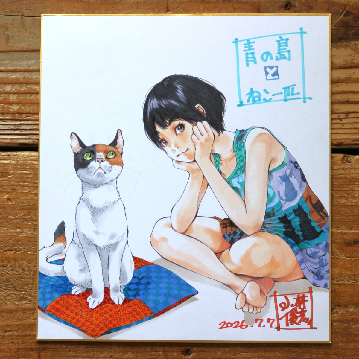 青の島とねこ一匹」 手描きカラーイラスト色紙✨ ヤフオク！に出品しま