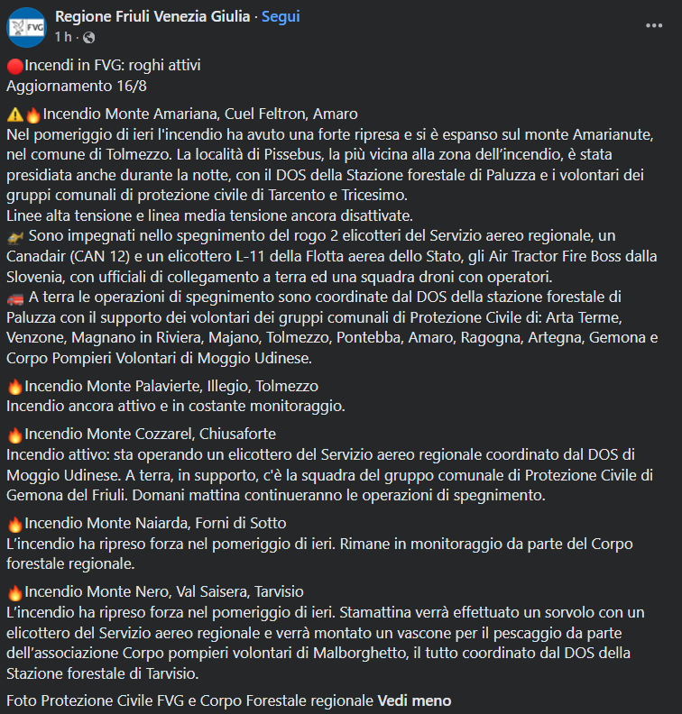 Italia24HLive's tweet photo. 🔥 Aggiornamento della Regione Friuli Venezia Giulia in merito alla situazione incendi.

Situazione più critica sul Monte Amariana, Cuel Feltron, Amaro, con una forte ripresa dell'incendio e si è espanso sul monte Amarianute, nel comune di Tolmezzo. https://t.co/qfHc5RcxF2