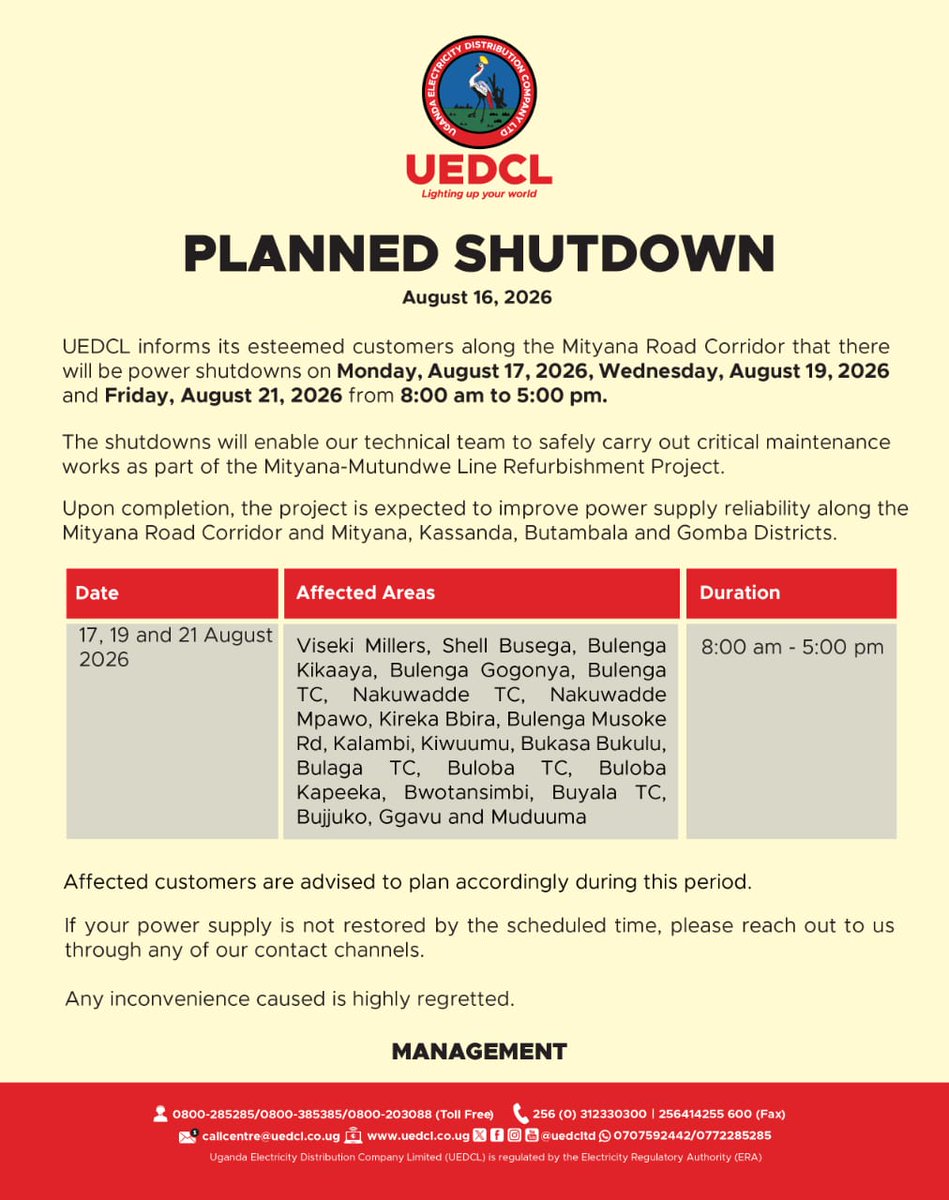 UEDCLTD's tweet photo. Planned shutdown.  

#UEDCLinService 
#LightingUpYourWorld https://t.co/z4PnSzlOI9