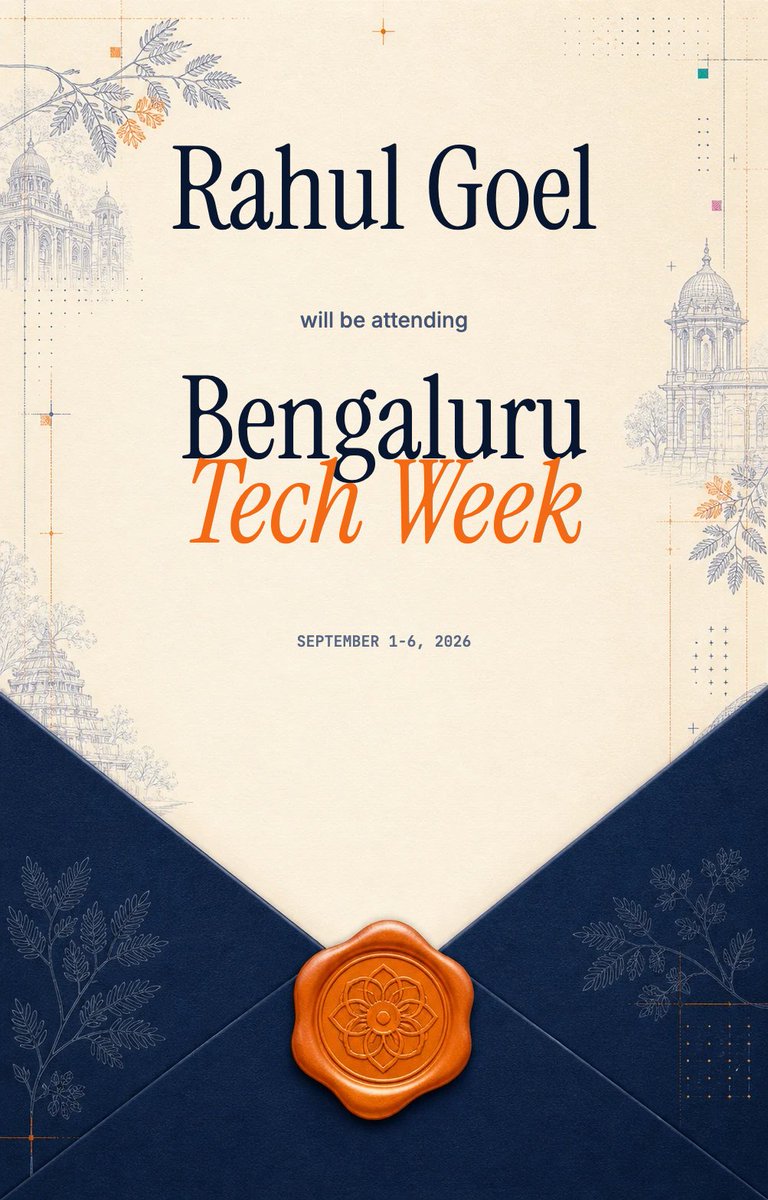 therahulgoel's tweet photo. I’m attending Bengaluru Tech Week 2026, a citywide week for Bengaluru’s builder community. Join me from September 1–6.
#BLRTechWeek https://t.co/UwBOw9N9B8
super excited for this @yashrajnayak https://t.co/2PEj2Y6t3H