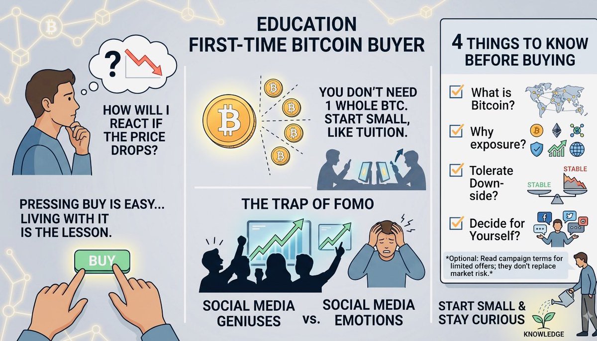 mir_mudassir872's tweet photo. Before You Buy Your First Bitcoin, Read This. 

If I were buying Bitcoin for the first time today, I wouldn’t begin by asking, “How much should I buy?”

I’d ask something more uncomfortable:

“How will I react if the price drops right after I buy?”

Because pressing the buy button is easy. Living with the decision afterward is where the real lesson starts.

You also don’t need one whole Bitcoin. Bitcoin’s supply is capped at 21 million BTC, but each coin can be divided into tiny fractions. Your first purchase could be small enough that you treat it almost like tuition—money spent learning how the market, wallets, volatility, and your own emotions actually work.

And emotions matter more than people admit.

When Bitcoin is running, social media suddenly becomes a room full of geniuses. Screenshots appear everywhere. Everyone seems early. Everyone seems profitable.

That’s usually when FOMO starts whispering, maybe I’m missing my chance.

I’ve learned that this is probably the worst mindset for making a first decision.

Before buying, I’d want to know four things: what Bitcoin actually is, why I want exposure to it, how much downside I can comfortably tolerate, and whether I’d still make the same decision if nobody online was talking about it.

For eligible first-time users, Binance’s My First BTC campaign may also include limited price protection on qualifying first trades, depending on the campaign terms. I’d still read those conditions carefully rather than treating any promotion as protection from normal market risk.

Your first Bitcoin purchase doesn’t need to be impressive.

It just needs to be understood.

Sometimes starting small and staying curious is a much better beginning than trying to time the perfect entry.

#Binance #BinanceAcademy #LearnWithBinance