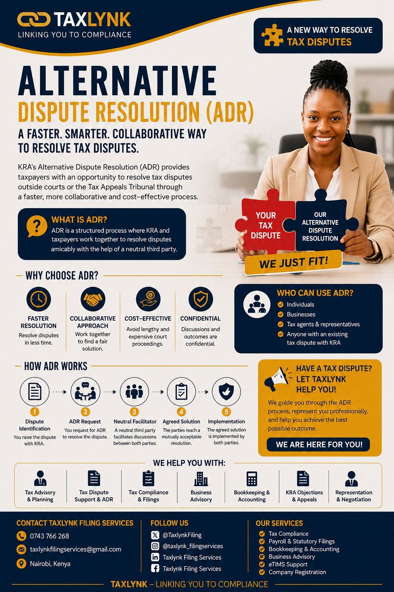 TaxLynkFilingS's tweet photo. Have you heard about ADR?

Alternative Dispute Resolution (ADR) is a faster, more collaborative way of resolving tax disputes with KRA, without necessarily going through lengthy court or Tax Appeals Tribunal proceedings.

TAXLYNK – Linking You to Compliance.

#ADR https://t.co/pPJbhCRwjN