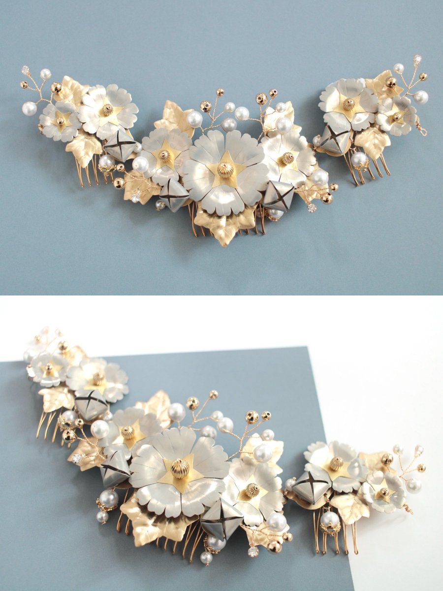 9rWaka7's tweet photo. お世話になってる家族のブライダルアクセサリーを2種類作りました。

これは白の芙蓉をモチーフにして、シニョンスタイルに合わせてもらうアクセサリーにしました。
とても華やかにできて満足です。 https://t.co/p7NmD6aVG7