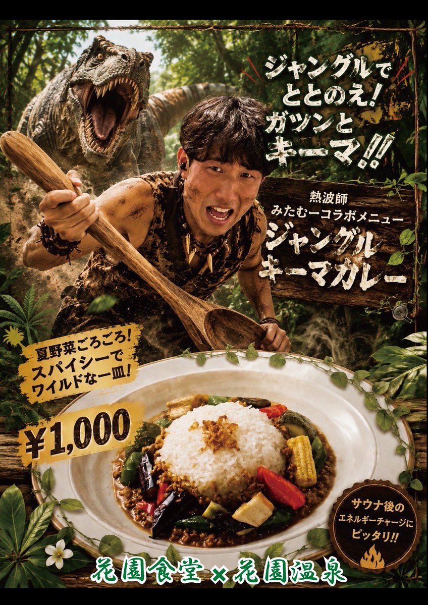 KukkaSauna's tweet photo. 🌴ジャングルでととのえ🌴
8月22日から期間限定で
みたむーコラボのジャングルキーマカレーが花園食堂にて販売されます🐒
みたむーがサウナ室で覚醒した時にだけ見られるジャングルモード✨をイメージしたガツンとキーマ🐅
是非、お召し上がりください🦖
#みた���ー #サ飯 #ガツンとキーマ #ジャングル https://t.co/EeeuERXfKY