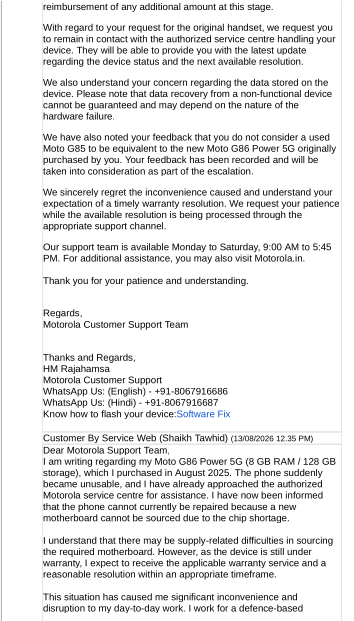 tawhid_shaikh's tweet photo. @MotorolaIndia @Moto My Moto G86 Power 5G failed under warranty. Motherboard unavailable→no repair. 
Offered: ₹15,000 coupon. Why should customer pay extra for Motorola’s inability to repair?
#Motorola #MotorolaIndia #MotoG86Power #CustomerService #WarrantyIssue #ConsumerRights https://t.co/na52kF937D