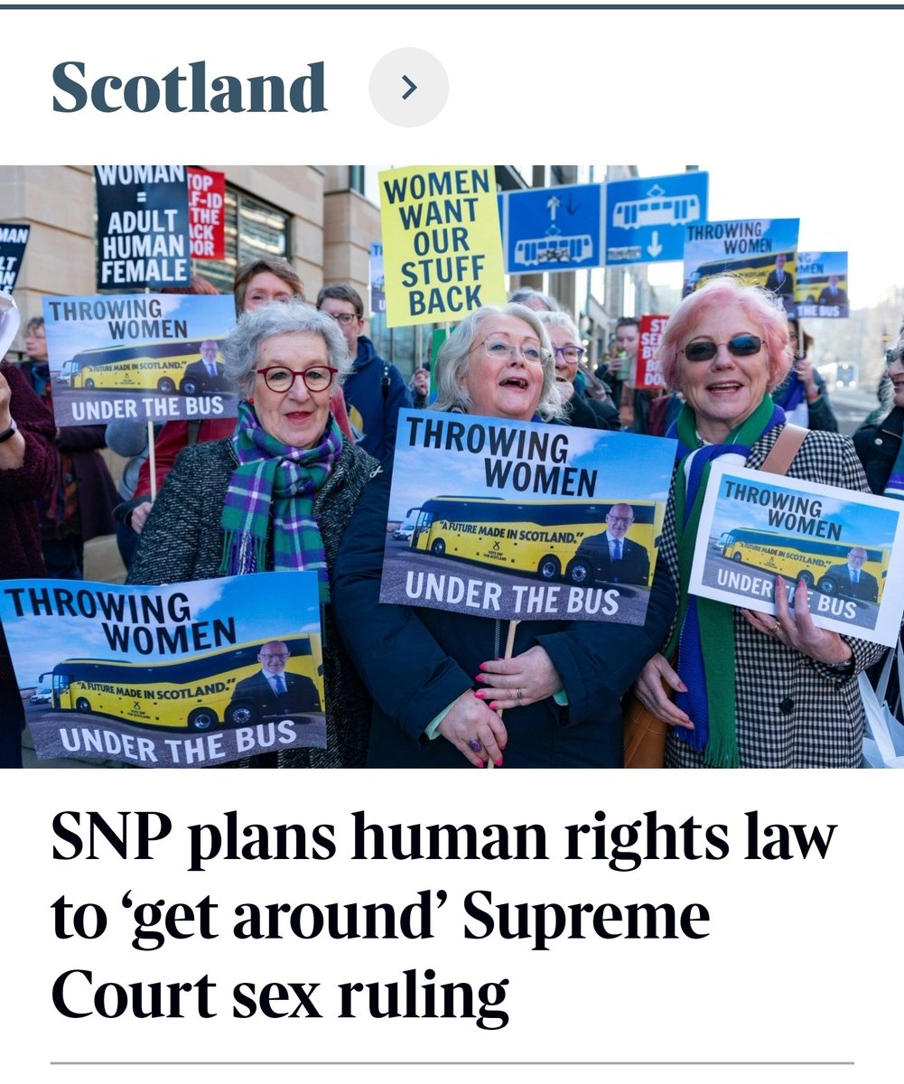 UKScotBrit's tweet photo. The SNP lost at the Supreme Court.

They lost again on prisons.

So now they’re going to rewrite the law itself to suit their own agenda.

Having been told, twice, that sex means biological sex, they are preparing a new “Human Rights Bill” designed to force public bodies to prioritise gender identity over the Supreme Court’s ruling. 

This isn’t expanding rights. It’s a calculated attempt to legislate their way around a judgment they refuse to accept, so they can keep putting men who claim to be women into women’s spaces, prisons and services.

They change the law when the law doesn’t give them what they want. 

Women have already been thrown under the bus enough times for this ideology. 

For you @JohnSwinney, why can’t you just accept the law and biological reality?

In basic biology, sex is defined by the type of gamete an organism is organised to produce: females produce large gametes (ova/eggs), males produce small gametes (sperm). 

In humans this is fixed at conception by chromosomes (XX or XY) and is binary and unchangeable. 

For some unknown reason, you are unwilling to accept that FACT. 

No amount of legislation, feelings or political will alters that.