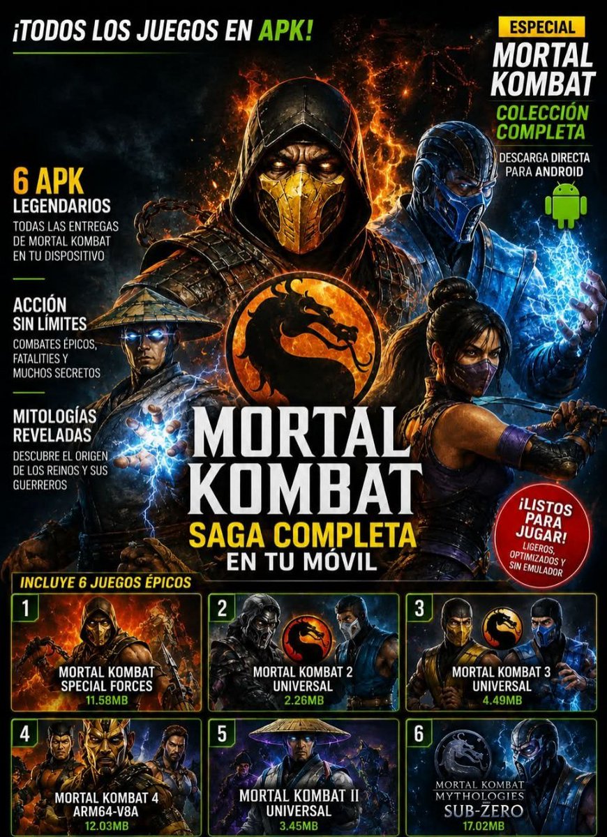 ExplorayDescubr's tweet photo. 🔥 MORTAL KOMBAT  6 JUEGOS LEGENDARIOS EN APK 📱🥷
📱 Incluye:
🥊 Mortal Kombat 2,
🥊 Mortal Kombat 3,
🥊 Mortal Kombat 4,
🥊 Mortal Kombat Mythologies: Sub-Zero, etc
LINK: https://t.co/GdO6QSKrKE https://t.co/93VokhSudR