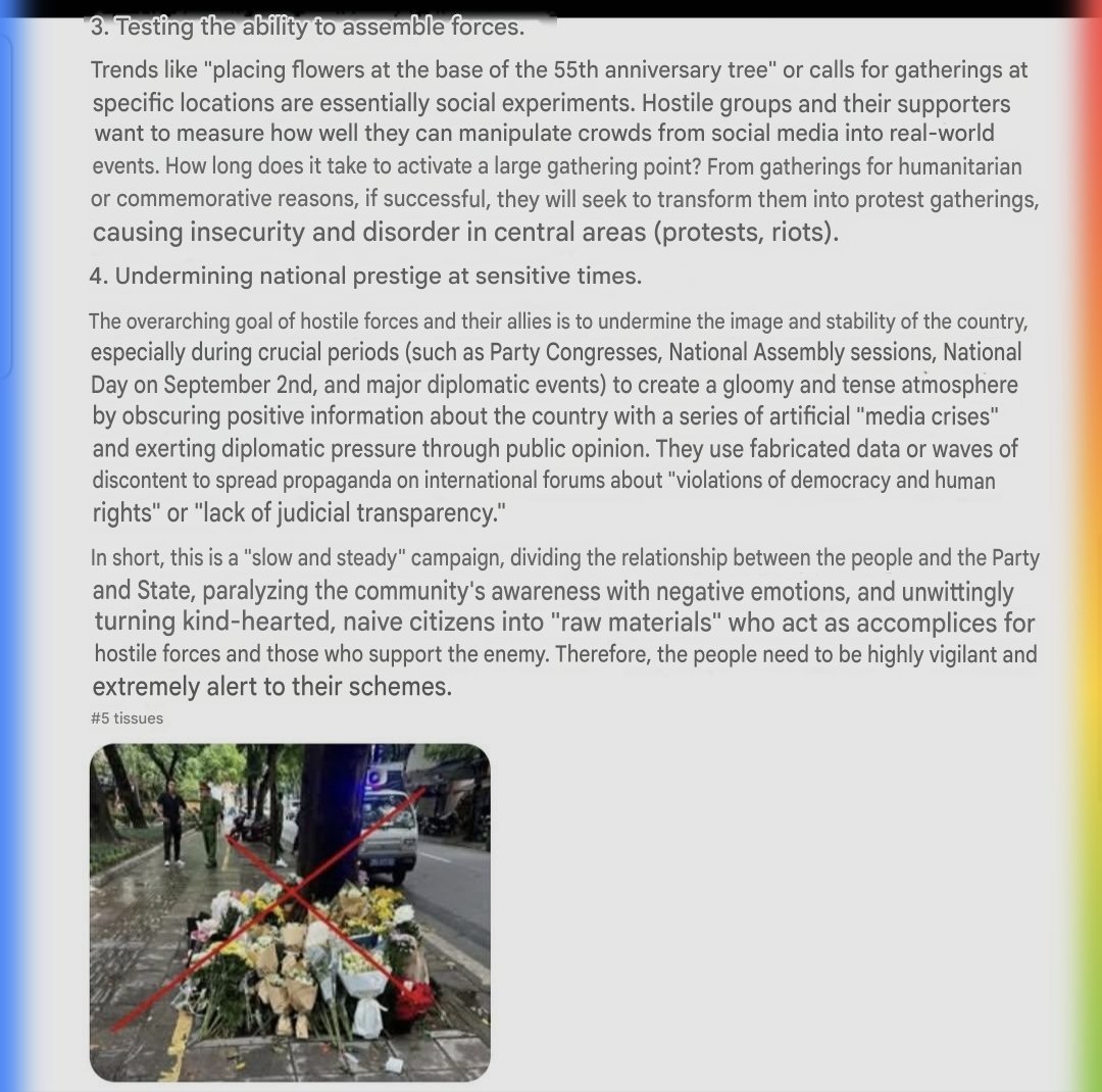 Etherintwst's tweet photo. Young people only want justice for the victim. We leave flowers at the tree where the accident happened as a memorial. Other than that, we do nothing more. And yet the lackeys of Nguyen Sy Cuong are defending him by calling us reactionaries and accusing us of trying to incite a “colour revolution”.
They create an imaginary common enemy and keep blaming it instead of taking responsibility for their own failures in go////////vern ...
anxe.
We love our country deeply, but we will never submit to those in power.
MIGHT DOES NOT MAKE RIGHT!
#nguyensycuong #accident #killer #nguyenlamphuc #lamthiphuongthanh #MinisterofCultureSportsandTourism #Vietnam #BMW #DBQH 
#colourrevolution #threaten