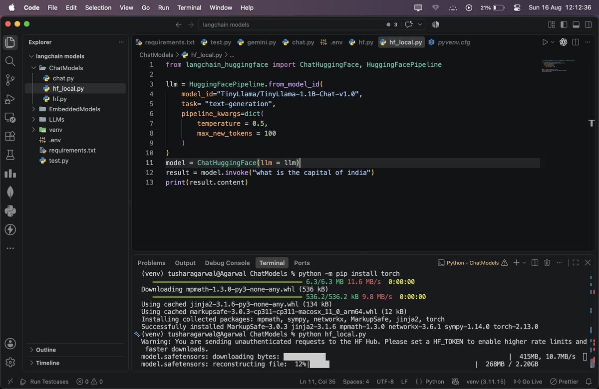 tushar31_'s tweet photo. Ran TinyLlama locally on my Mac using Hugging Face + Transformers, instead of relying on a hosted inference API.

Interesting to see the difference between API-based models like Gemini and LLMs running directly on your machine.

#LangChain #GenAI #LLM #HuggingFace #AI https://t.co/N2L9qcmi5K