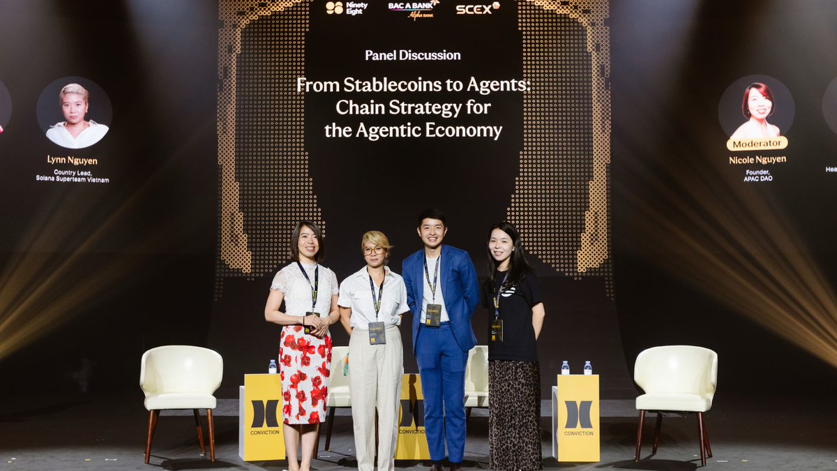 apacdao's tweet photo. Our Founder, @NicolenguyenEth, moderated "From Stablecoin to AI Agent" at Conviction 2026, on blockchain infrastructure for the agentic economy.

With:
YiAn, @Aptos  Foundation
Edwin Lau, @monad Foundation
Lynn Nguyen, Solana @SuperteamVN

Thank you, Conviction 2026 🙏 https://t.co/SmM7UBh33K
