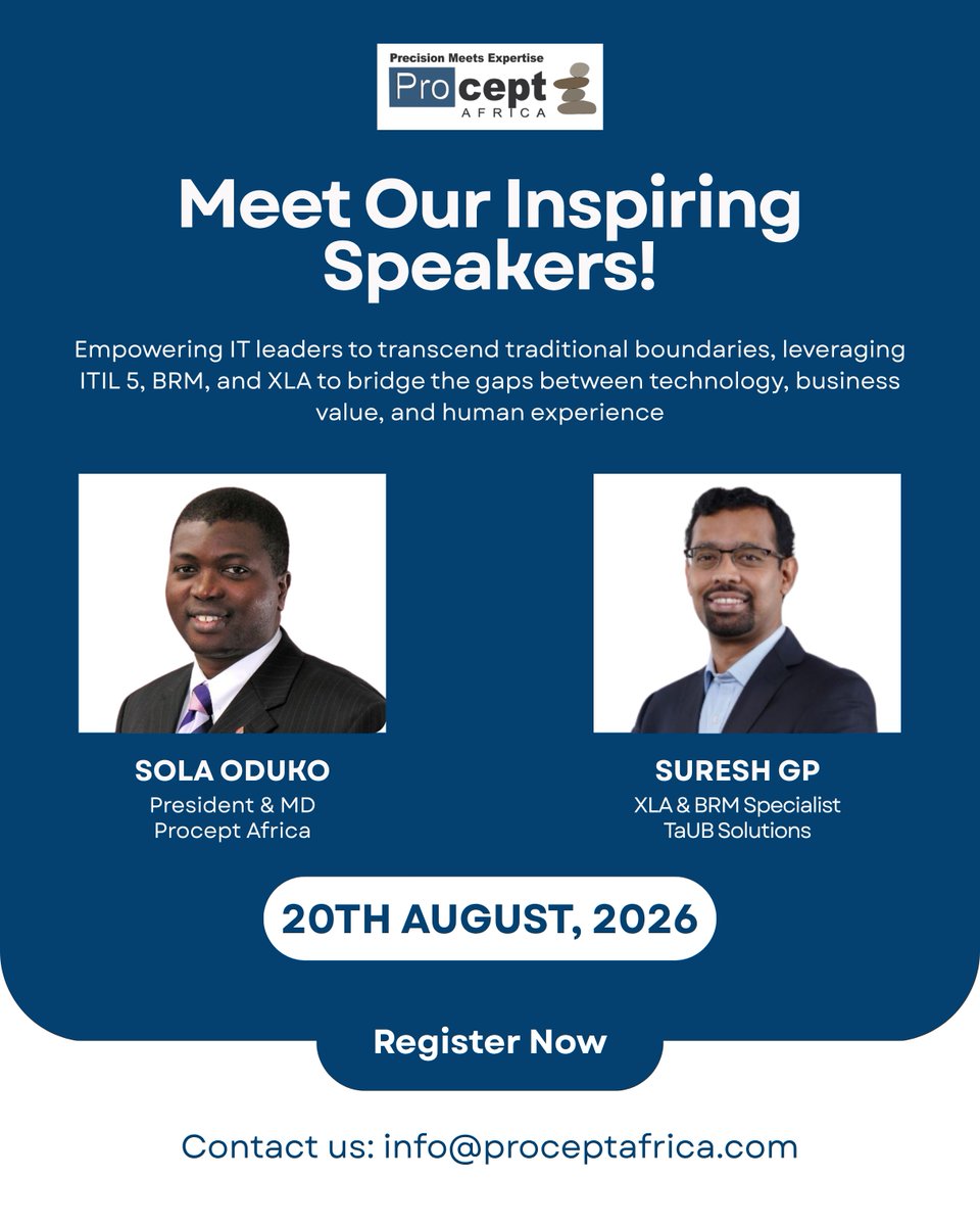 sparkberry3's tweet photo. 🎙️ Meet Our Speakers!

Join SolaOduko (ITIL 5 Expert) and SureshGP (XLA &amp; BRM Specialist) as they unpack the strategic evolution of IT service management.

🗓 20 Aug 2026 | 12 PM WAT 📌 Register: https://t.co/R5yhWHSwb4 https://t.co/gVvIDW090O