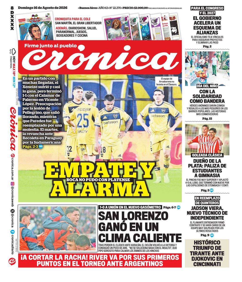 WalterVerst's tweet photo. #BuenDía y #BuenDomingo para todos!!
Te presentamos las portadas de los diarios de hoy #Domingo 16/08/2026 #16deAgosto #16AGOSTO2026 #16A.
#DiarioPopular
#LaPrensa
#Crónica https://t.co/Uchup7Fc8Z