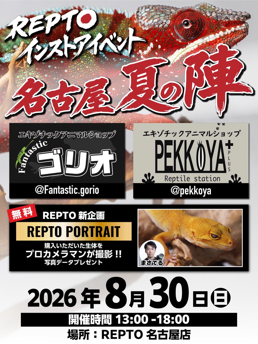 reptilestokyo_n's tweet photo. お盆期間中
暑い中たくさんのご来店、お迎えありがとうございました🙇‍♂️
30日のインストアイベントのご案内です！
Fantastic ゴリオ @goriodesu 様
ペッコヤ+ @pekkoya 様
をお招きしての開催です🎉
お二方共超マニアで経験、知識豊富なので是非遊びに来てください😁✨
またまさてるさん @SunlitWorks もゲスト出演致します👏🎉

事業所名  REPTILES TOKYO
所在地　名古屋市瑞穂区弥富通5-10-1F
販売　第061489
取扱責任者　吉開将太、井崎来夢