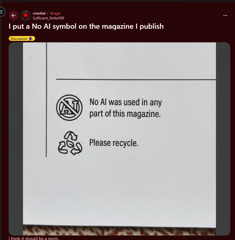 brucelros134's tweet photo. 13K upvotes in a few hours.

There is a new universal anti AI symbol used in several big magazines in the US.

Isn't this crazy?

https://t.co/9BZOz71An4 https://t.co/ZDe9gOAjgt