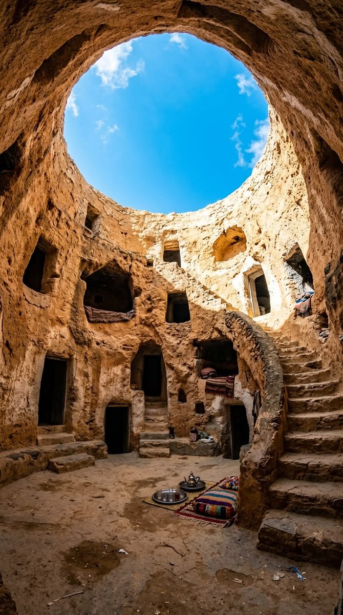 The_SpaceArch's tweet photo. Matmata, Tunisia.

Traditional underground homes carved directly into the earth, with a central courtyard open to the sky.

Built centuries ago as a response to the region’s extreme climate. https://t.co/DHJRXEkZJY