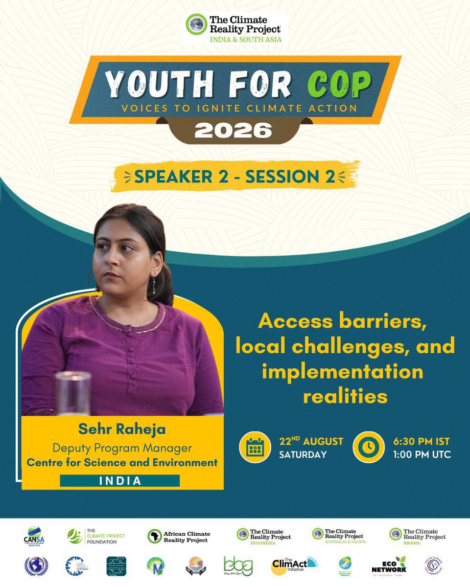 CR_INDSA's tweet photo. 🌍 #ClimateFinance may be promised. But can communities access it & turn it into action? 👀
In Session 2 of #Y4COP, Sehr Raheja from India will explore the barriers between commitments & meaningful action on the ground & the realities of implementation.
#GlobalSouth #Youth https://t.co/wqSFGXJxTJ
