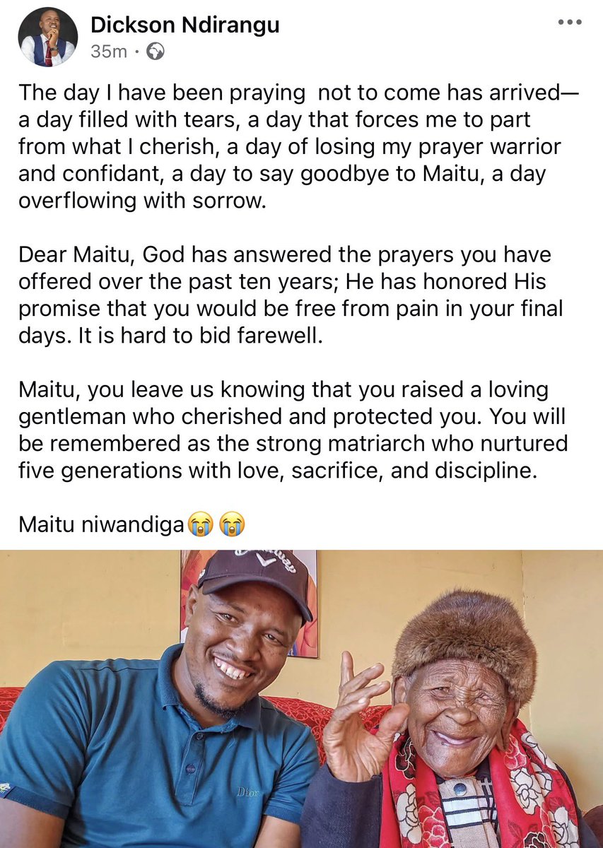 georgenjoroge_'s tweet photo. The most famous Shosho on Kenyan TikTok has gone home. 💔

For years, Dickson Ndirangu gave us the privilege of sitting beside his grandmother through a screen, listening to her stories, her humour, her wisdom and that beautiful old soul.

Some people you have never met somehow become family.

Today, TikTok feels like it has lost its grandmother.

Rest well, Maitu Shosho. 🕊️😭💔